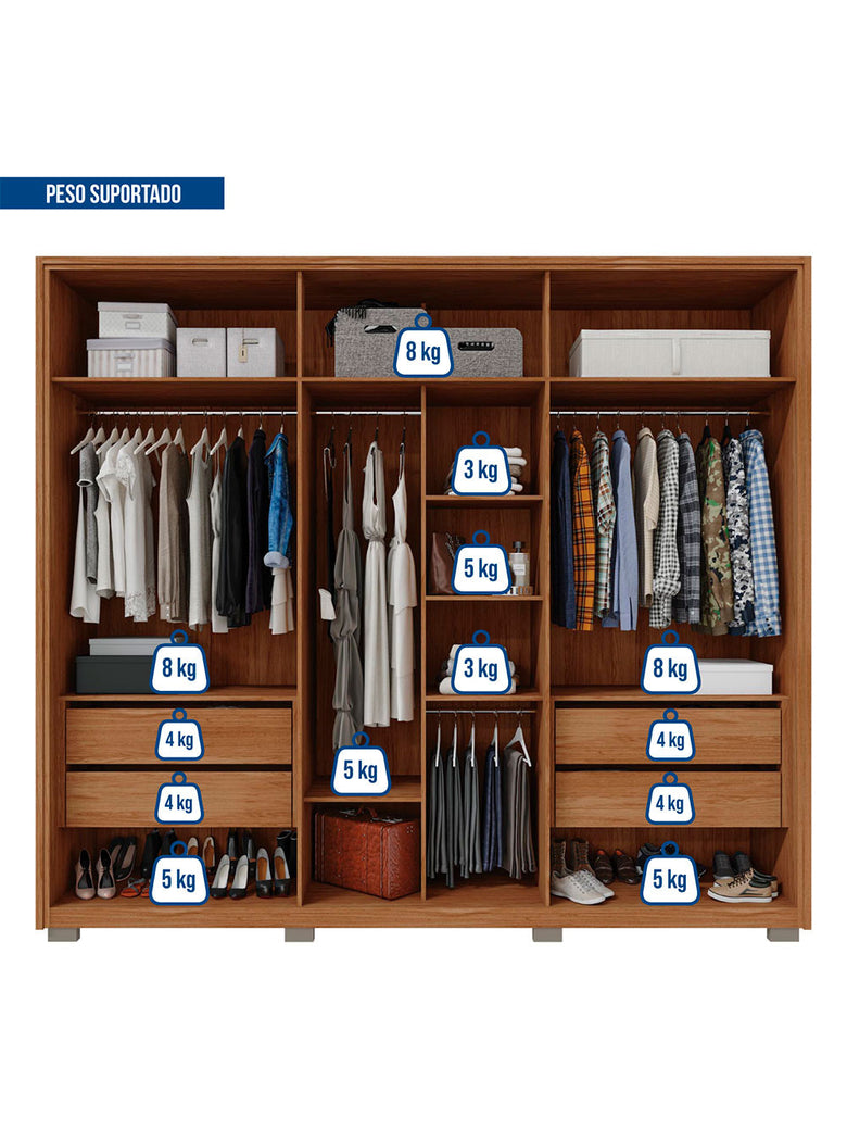 Guarda Roupa Casal Gladiador Double Lux com Espelhos 6 Portas 4 Gavetas Caemmun