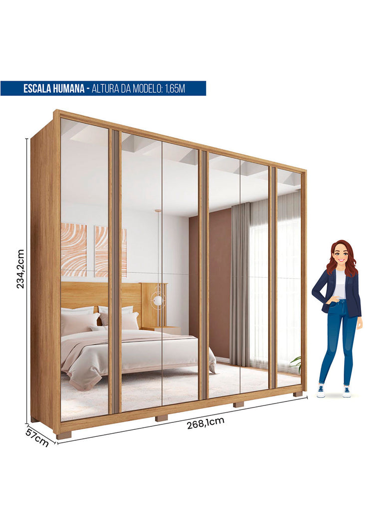 Guarda Roupa Casal Gladiador Double Lux com Espelhos 6 Portas 4 Gavetas Caemmun