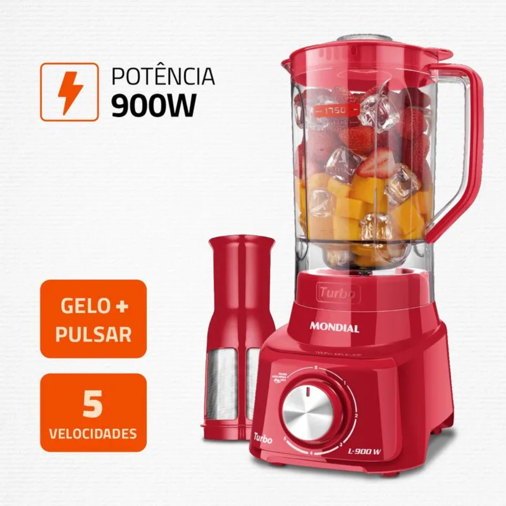Liquidificador Mondial Turbo L-900 FR Copo Com Filtro 05 Velocidades 900W