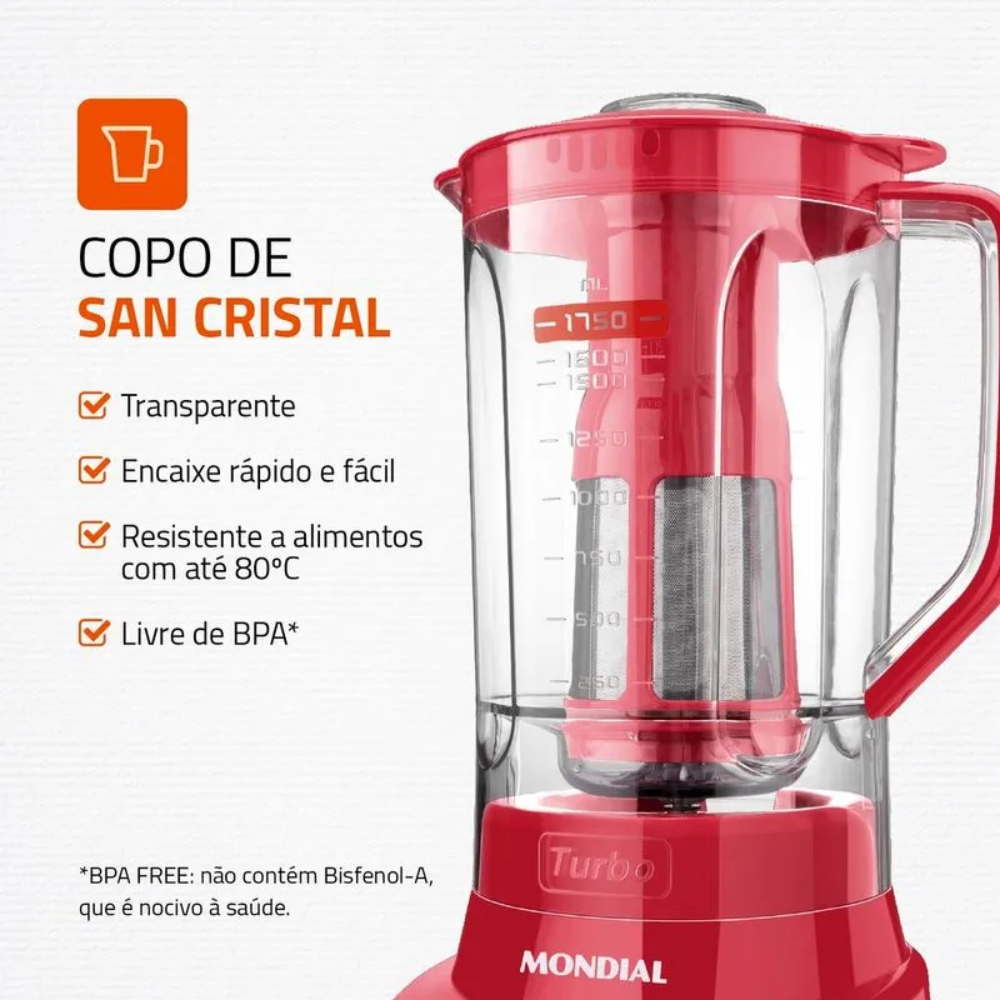 Liquidificador Mondial Turbo L-900 FR Copo Com Filtro 05 Velocidades 900W