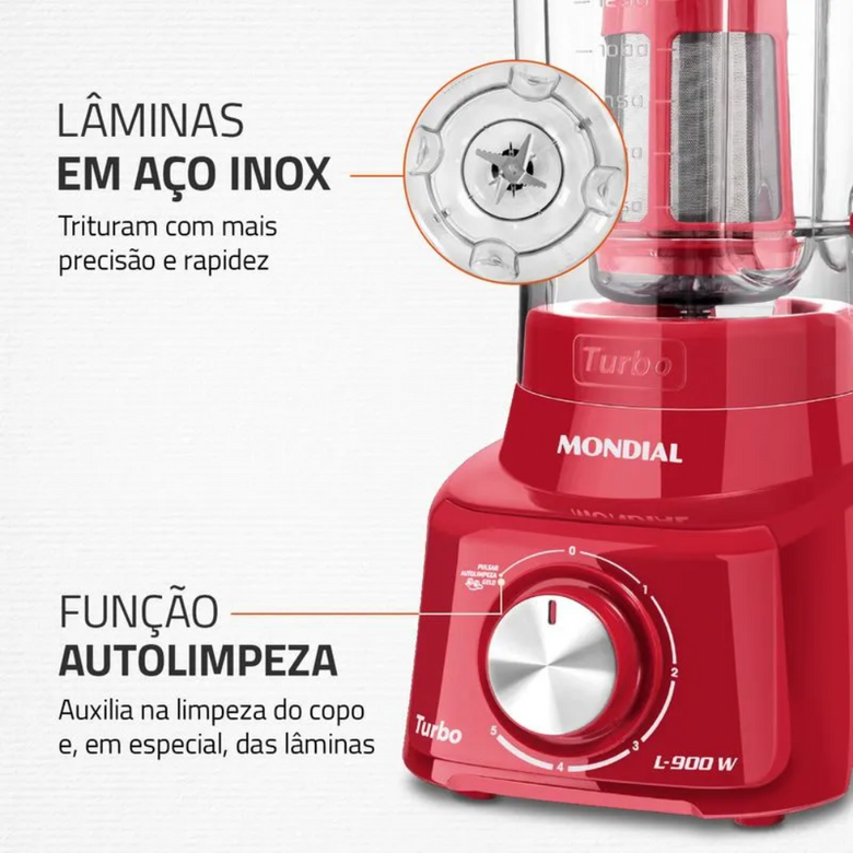 Liquidificador Mondial Turbo L-900 FR Copo Com Filtro 05 Velocidades 900W