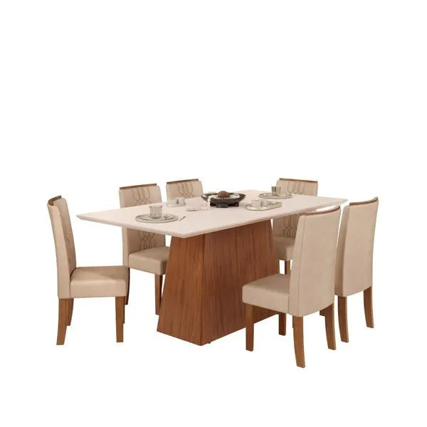 Mesa de Jantar 180 Cm Dulce com 6 Cadeiras Zoe Lunar Dj Móveis - FREJO/ VELUDO CREME