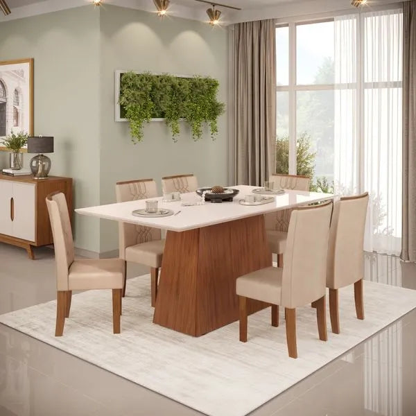 Mesa de Jantar 180 Cm Dulce com 6 Cadeiras Zoe Lunar Dj Móveis - FREJO/ VELUDO CREME