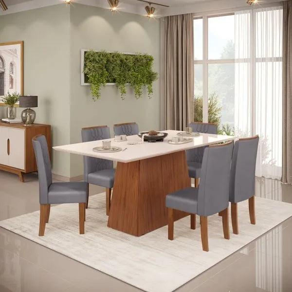 Mesa de Jantar 180 Cm Dulce com 6 Cadeiras Zoe Lunar Dj Móveis - FREIJO/VELUDO LUNAR