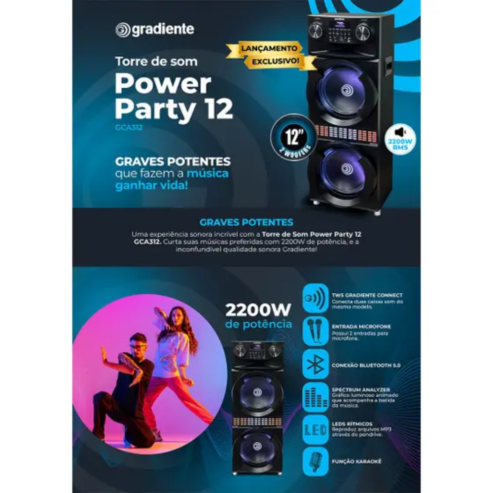 Caixa de Som Torre 2200w Bluetooth Power Party Gradiente