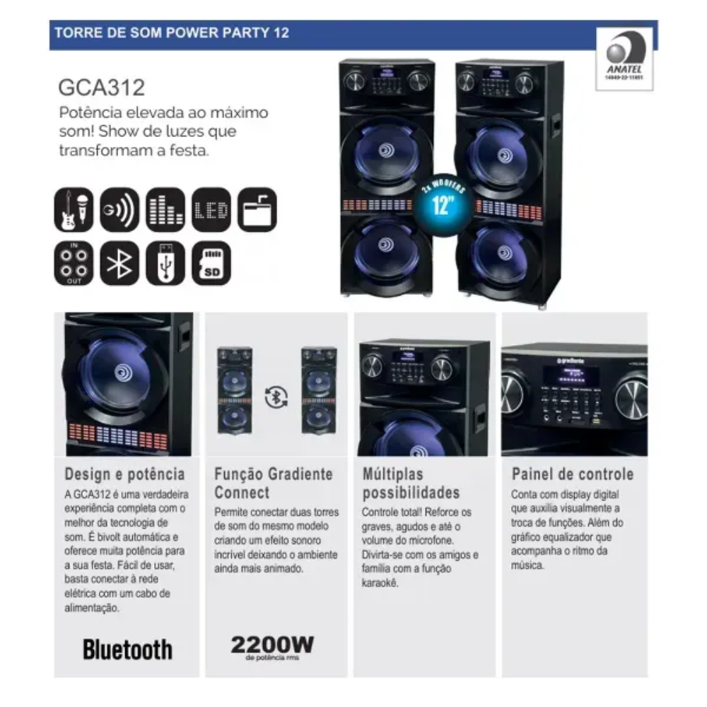 Caixa de Som Torre 2200w Bluetooth Power Party Gradiente