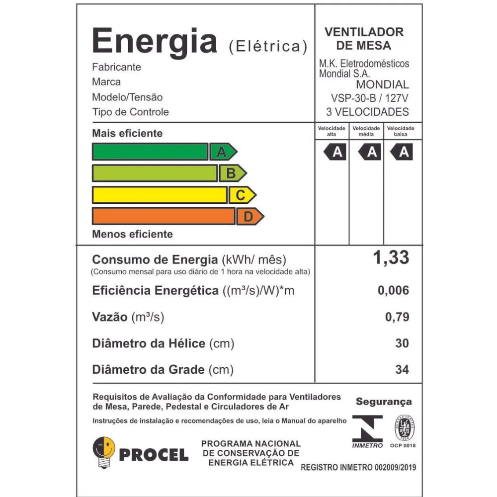 Ventilador de Mesa Mondial VSP-30-B 30cm 6 Pás