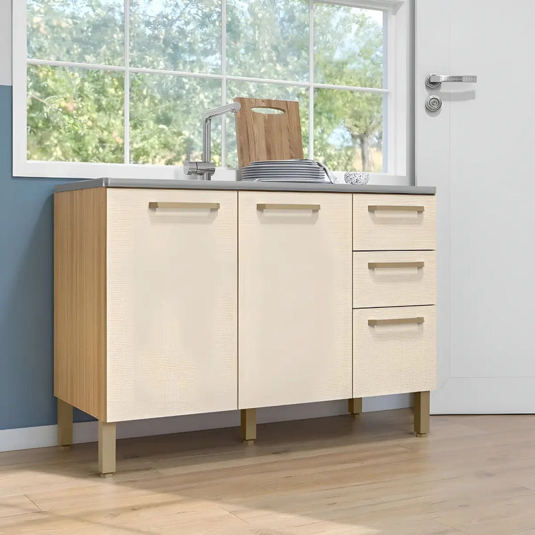 Balcão de Cozinha 120cm 2 Portas 3 Gavetas Versalhes Kits Paraná