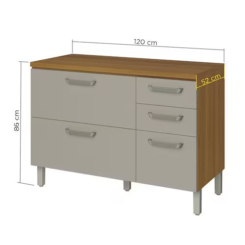 Balcão de Cozinha Princesa 120cm 2 Portas 3 Gavetas com Tampo Nesher