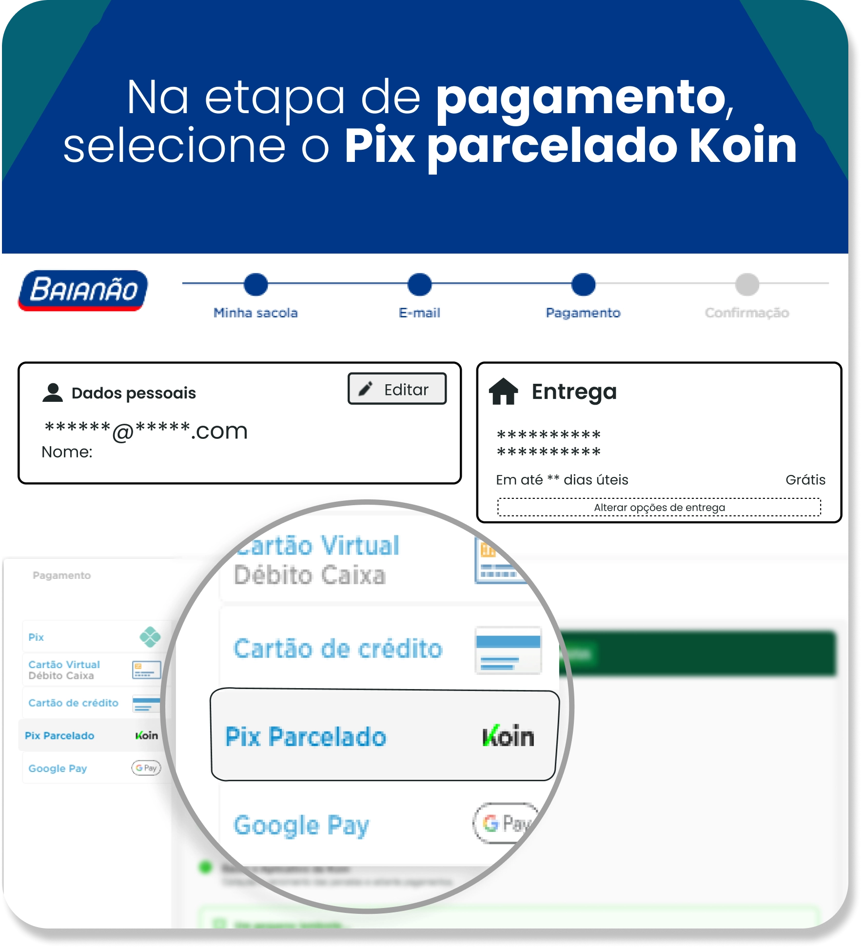 <p>Selecione o PIX PARCELADO como método de pagamento</p>