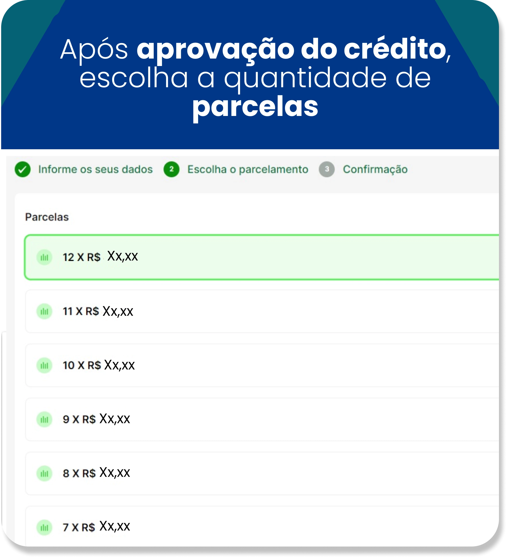 <p>Agora é só escolher em quantas vezes você quer parcelar</p>