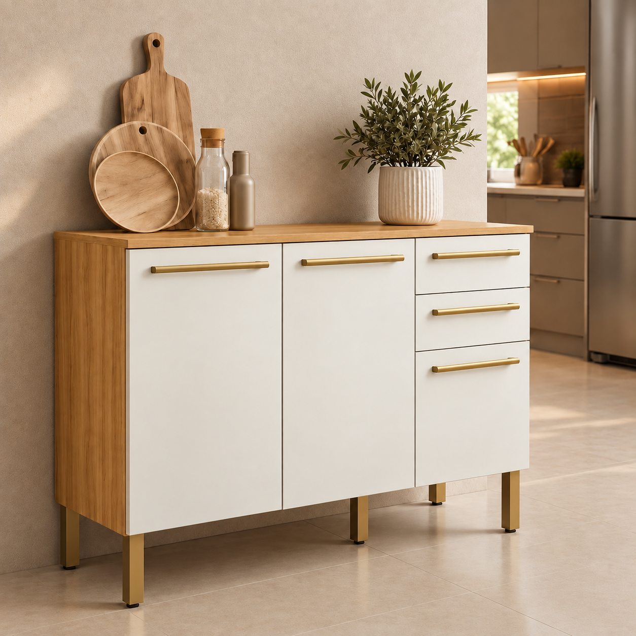 Balcão De Cozinha 100% MDF 120cm 3 Portas 2 Gavetas Carménère Ronipa - AMENDOA / OFF WHITE