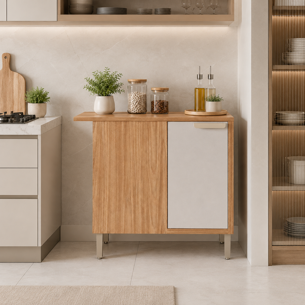 Balcão de Canto 100% MDF 1 Porta 92cm Eloíse MGM - FREIJO / OFF WHITE
