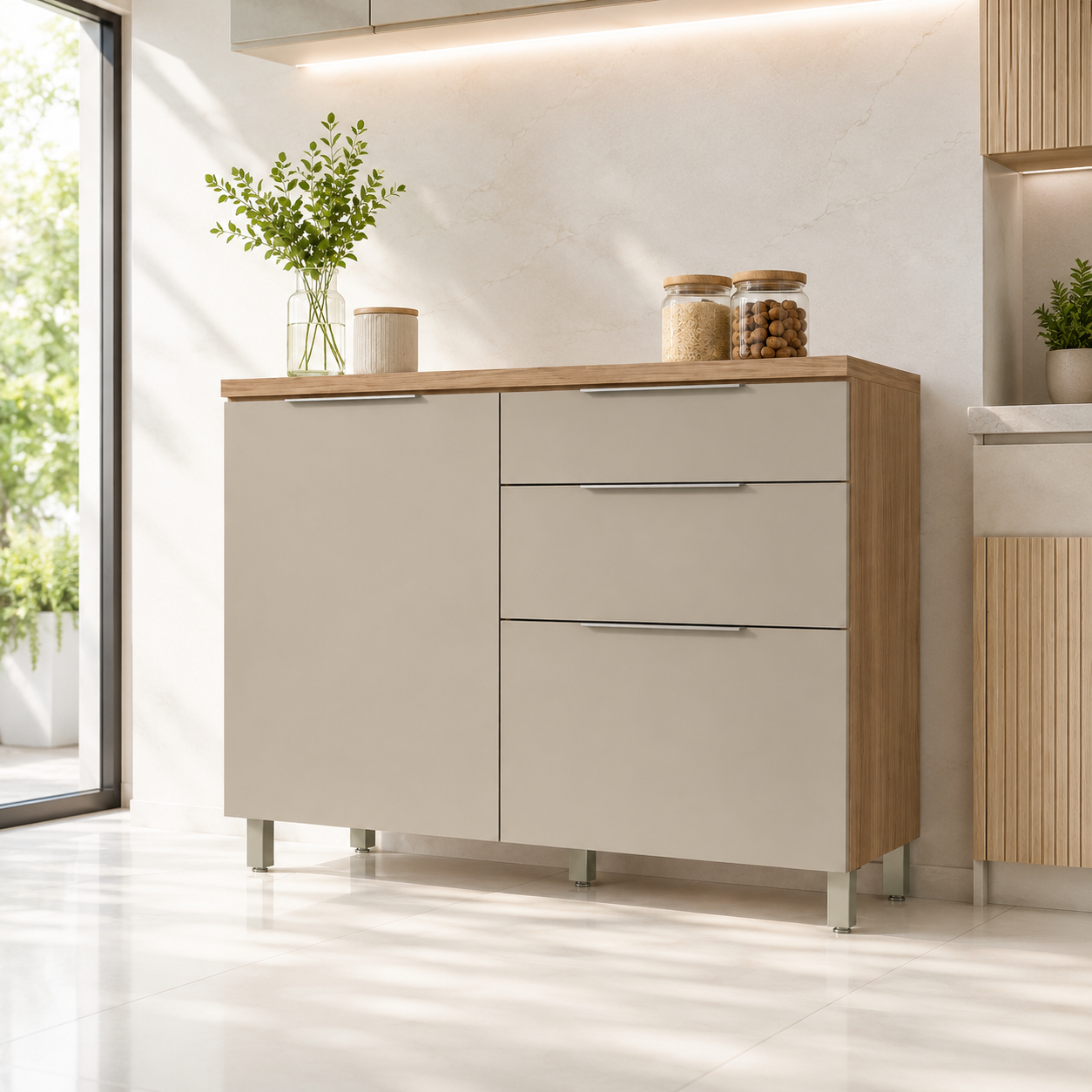 Balcão de Cozinha 120cm 1 Porta 3 Gavetas Marquesa Nesher - NATURE/CINZA