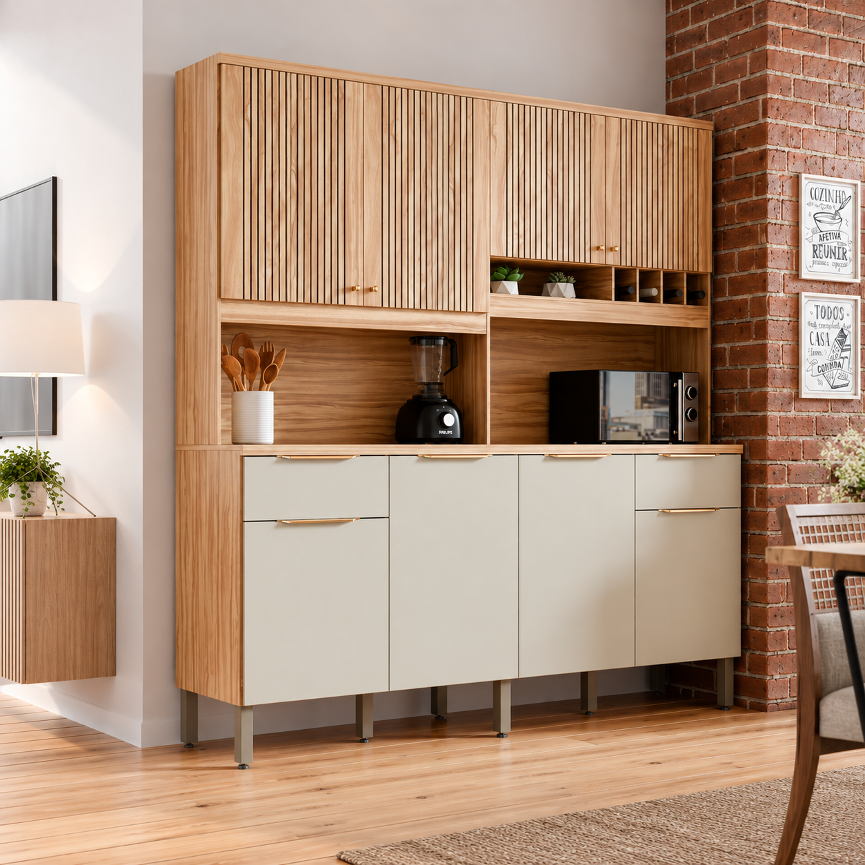 Cozinha Compacta 100% MDF 8 Portas 2 Gavetas Concord Ronipa - AMENDOA / OFF WHITE
