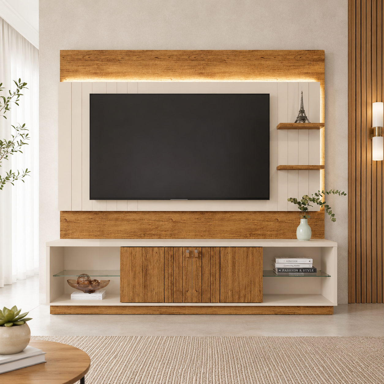 Home Para Tv até 60" Guaiba  2 Portas Com Led Mobler - OFF WHITE CANELA