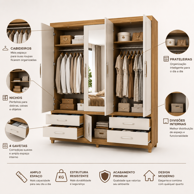 Guarda Roupa Casal 6 Portas 4 Gavetas Guarujá Demóbile