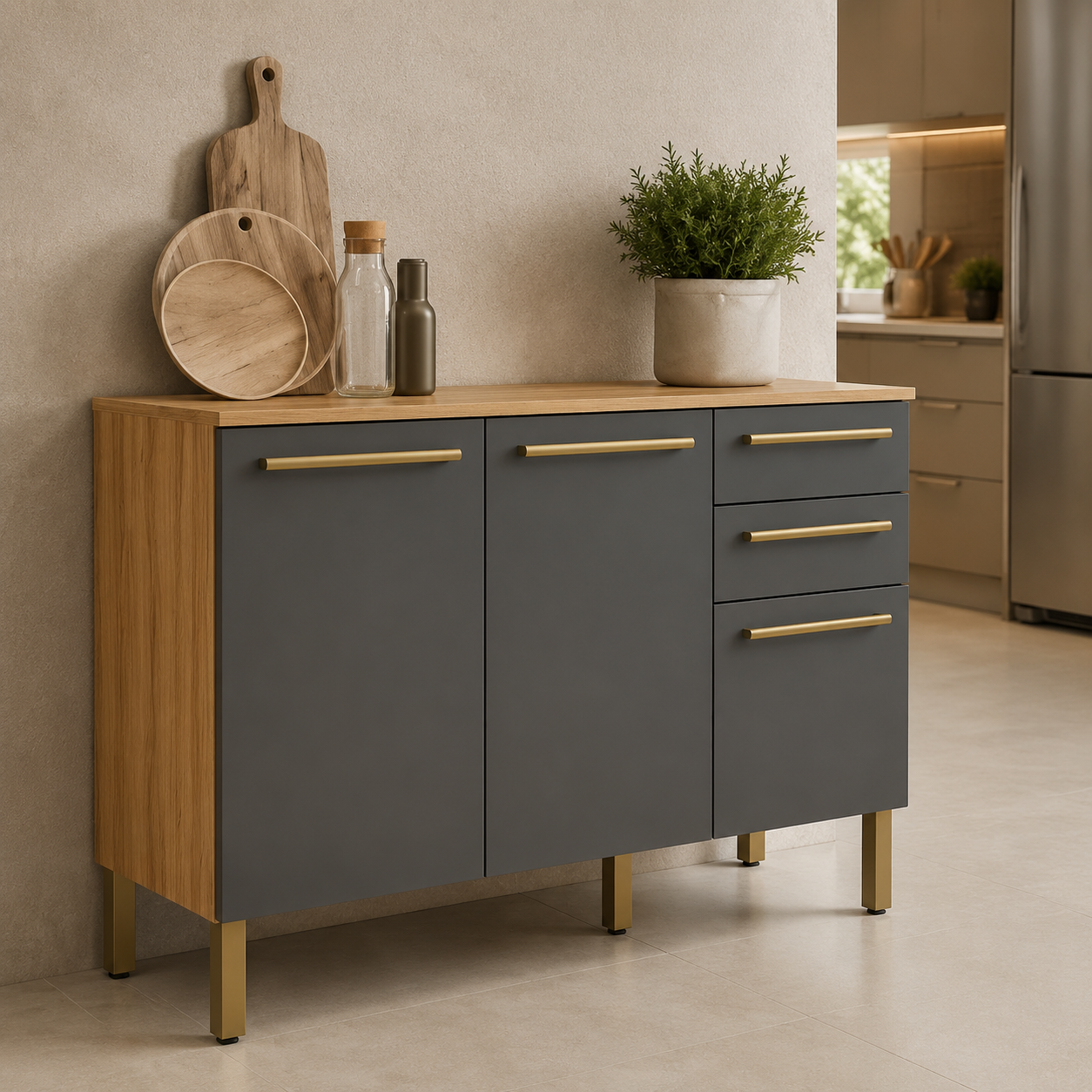 Balcão De Cozinha 100% MDF Com Tampo 120cm 3 Portas 2 Gavetas Carménère Ronipa - AMENDOA / CHUMBO