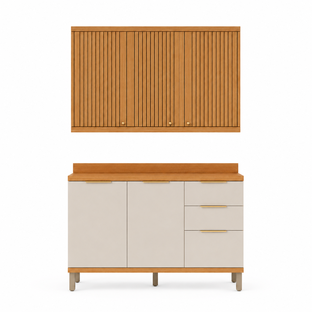 Cozinha Compacta MDF 5 Portas 3 Gavetas Sauvignon Ronipa - AMENDOA/OFF WHITE