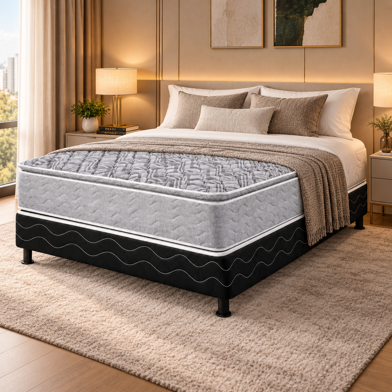 Cama Box Casal (Colchão + Base) D28 Diamante Design - PRETO / CINZA