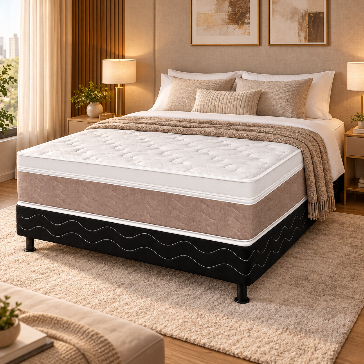 Cama Box Casal (Colchão + Base) Molas Ensacadas Majestic Visco Design - PRETO / CASTOR