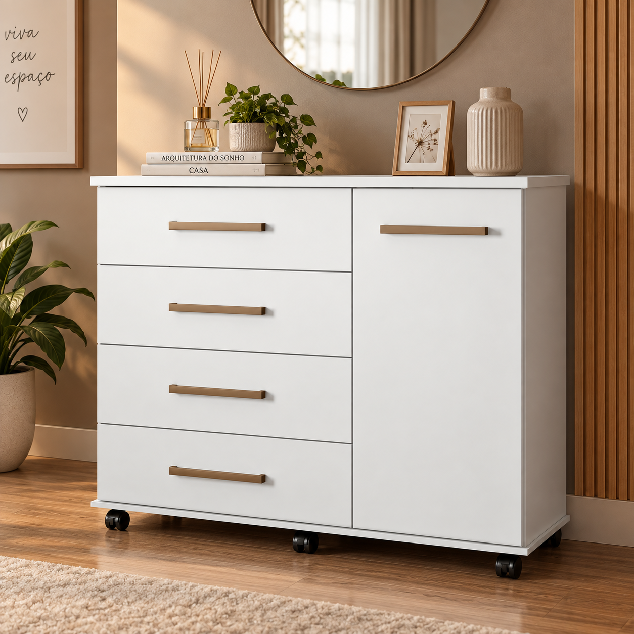 Cômoda 4 Gavetas 1 Porta Flora Demóbile - BRANCO