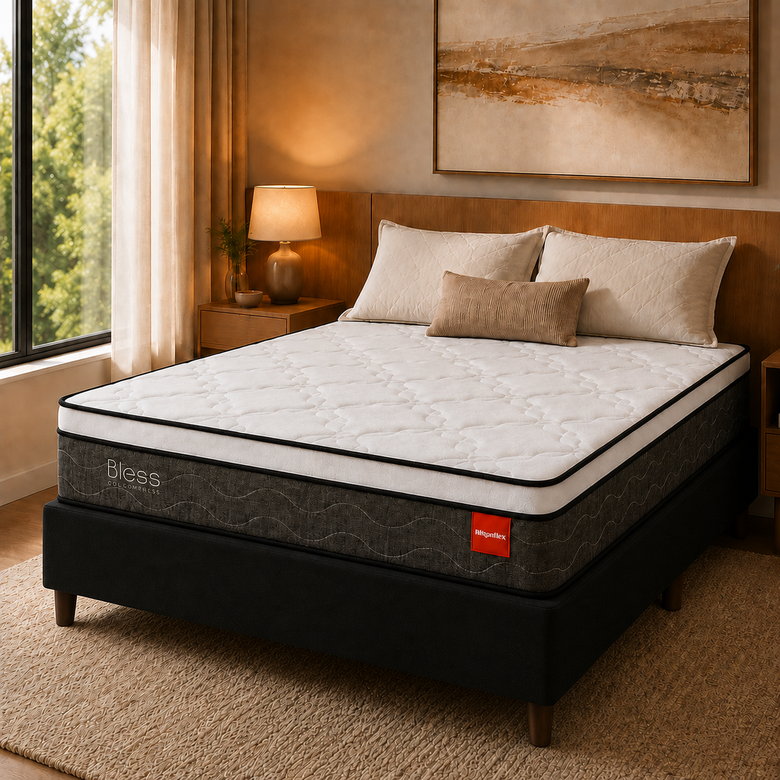 Cama Box Casal (Colchão + Base) 138x188 Molas Ensacadas Bless Reconflex