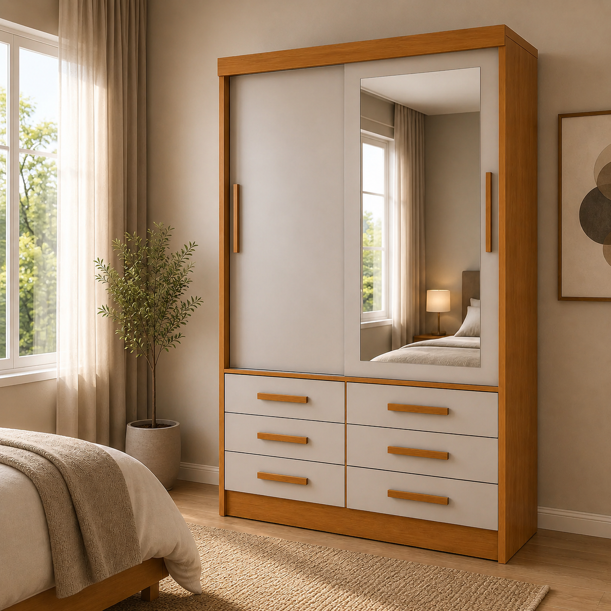 Guarda-Roupa Solteiro Buriti 2 Portas 6 Gavetas com Espelho Novo Horizonte - CUMA/FENDI