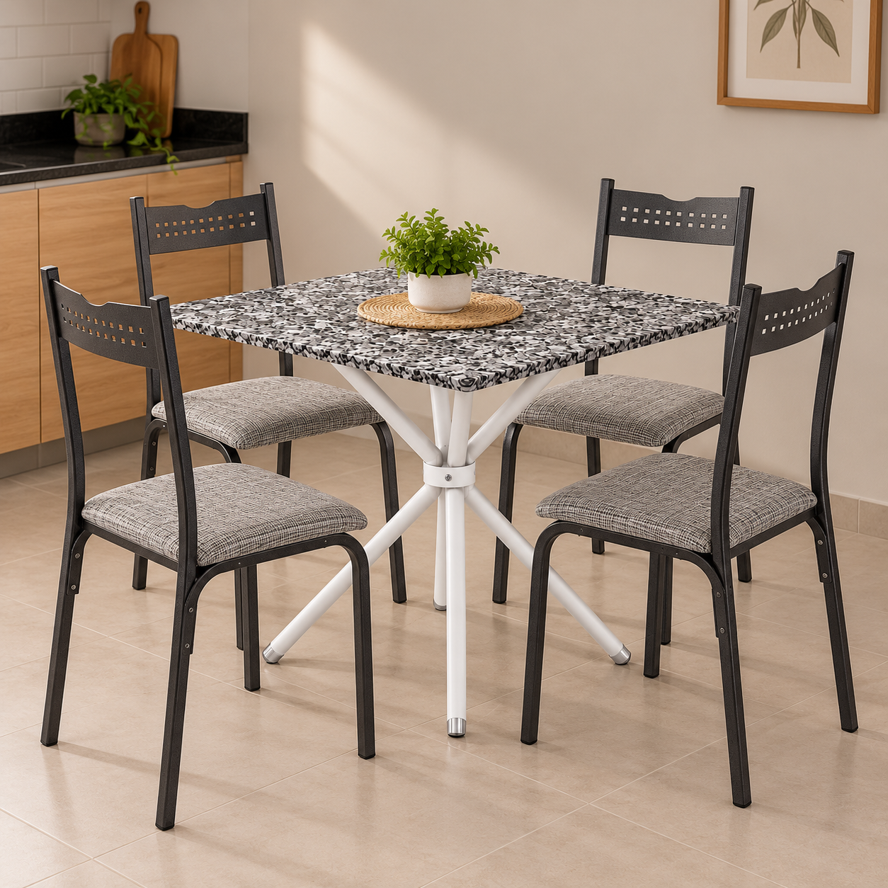 Mesa De Cozinha Com Tampo De Granito - CINZA/BRANCO