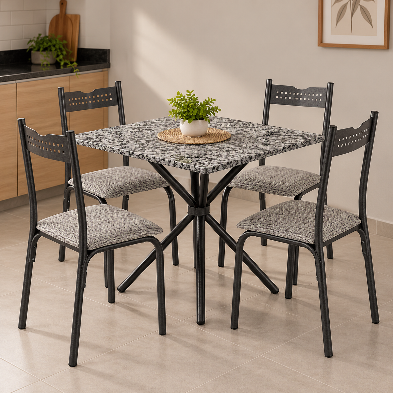 Mesa De Cozinha Com Tampo De Granito - CINZA/PRETO