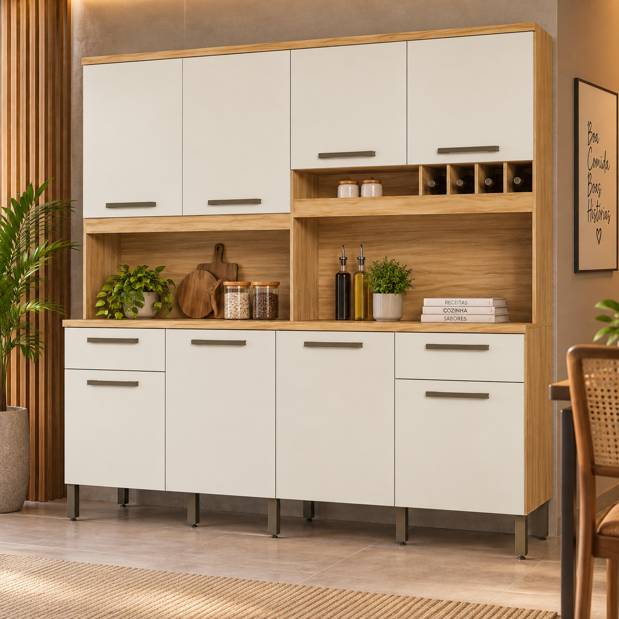 Cozinha Compacta 100% MDF 8 Portas 2 Gavetas Carbenet Prime Ronipa - AMENDOA / OFF WHITE