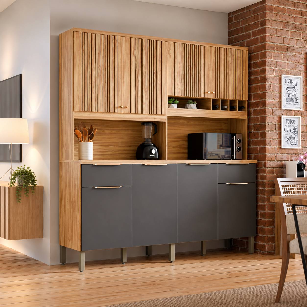 Cozinha Compacta 100% MDF 8 Portas 2 Gavetas Concord Ronipa - AMENDOA/ CHUMBO