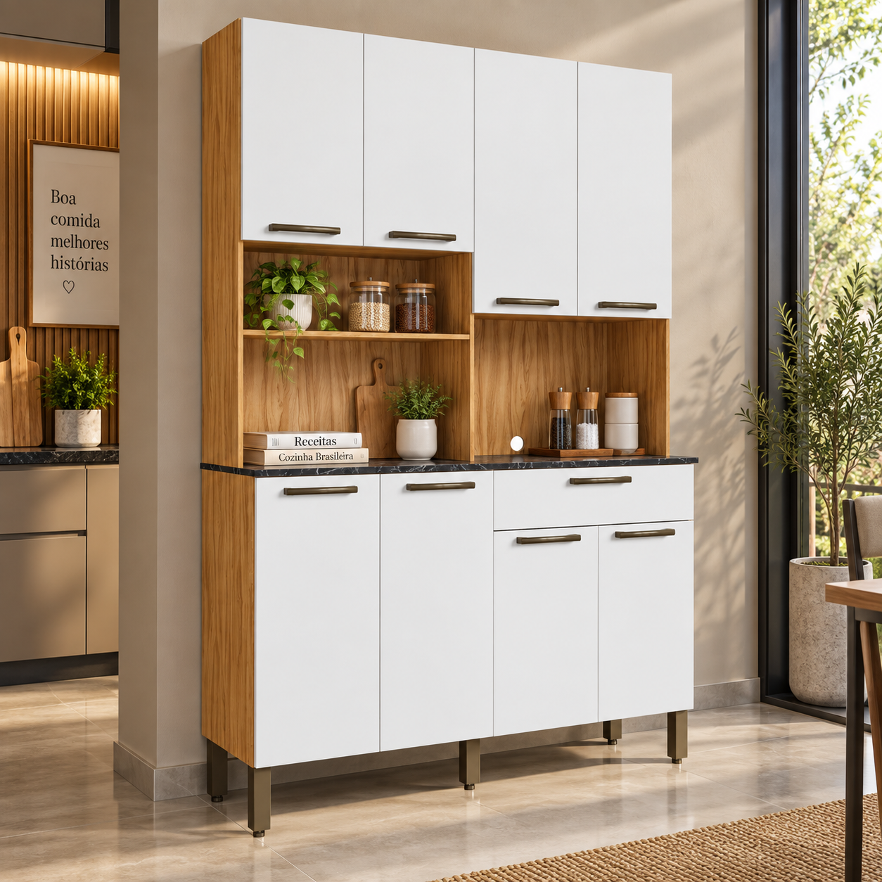 Cozinha Compacta 100% MDF 8 Portas 1 Gaveta Tannat Ronipa - AMENDOA/BRANCO