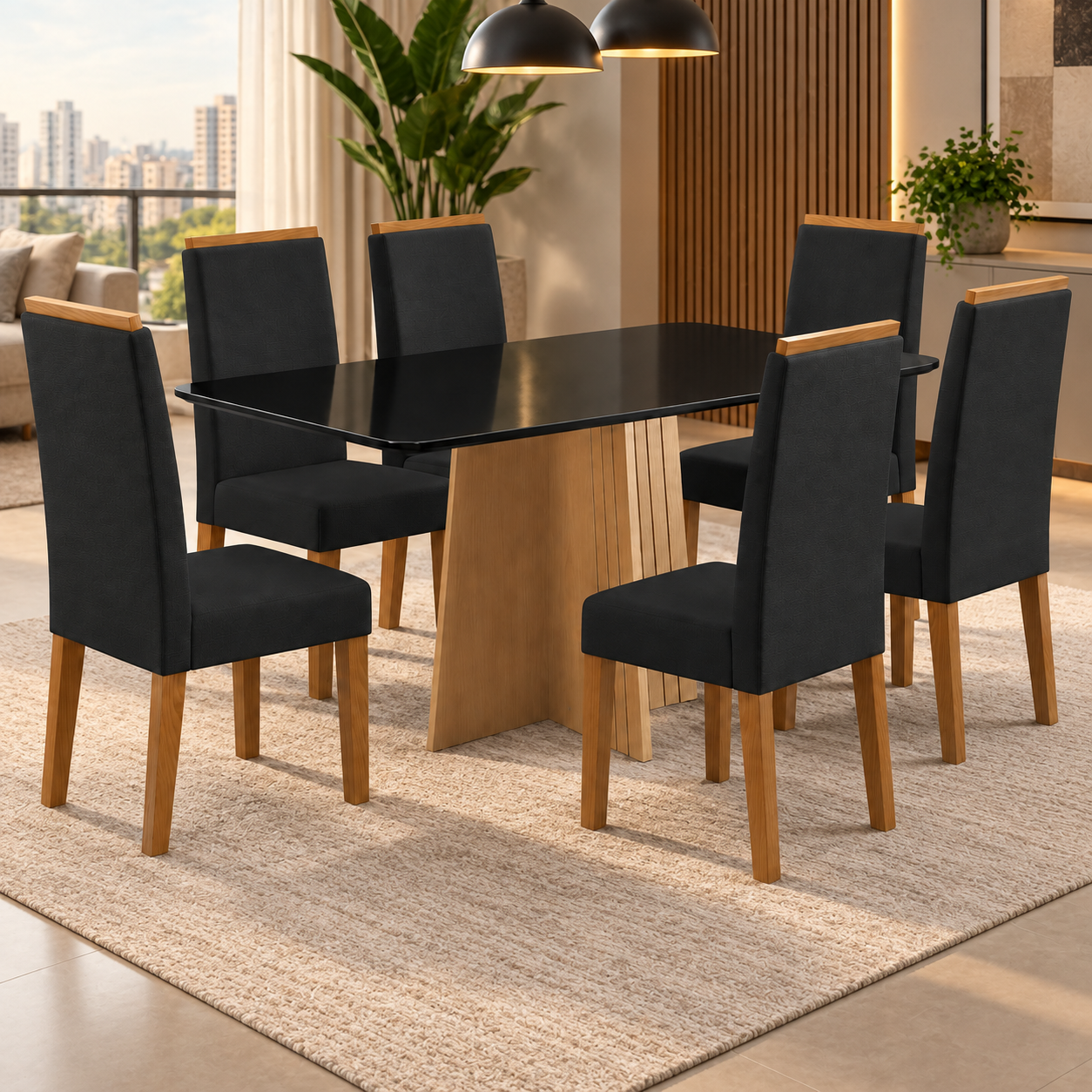 Mesa de Jantar 6 Lugares 100% MDF Isa Sonetto - MEL / PRETO