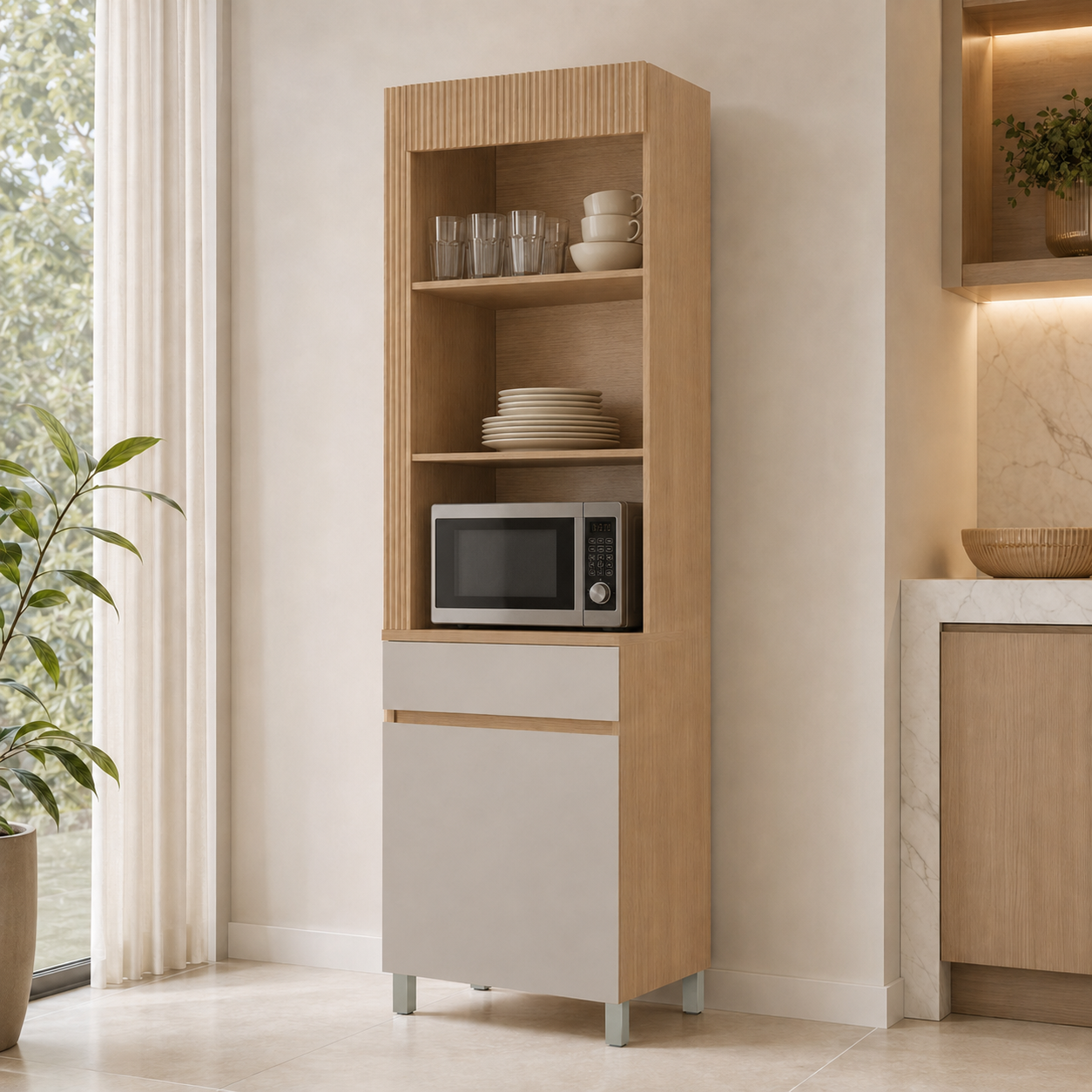 Paneleiro 100% MDF 1 Porta 1 Gaveta Realeza Nesher - CARVALHO/CINZA