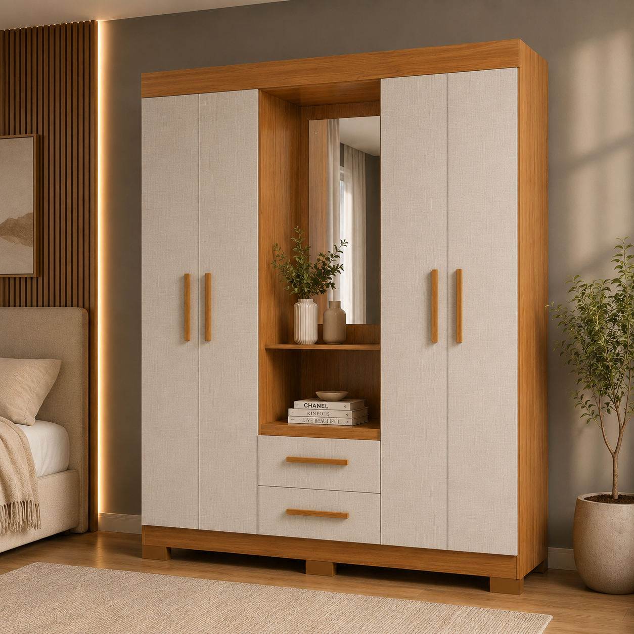 Guarda-Roupa Solteiro 4 Portas Com Espelho 2 Gavetas NT 6055 Notável