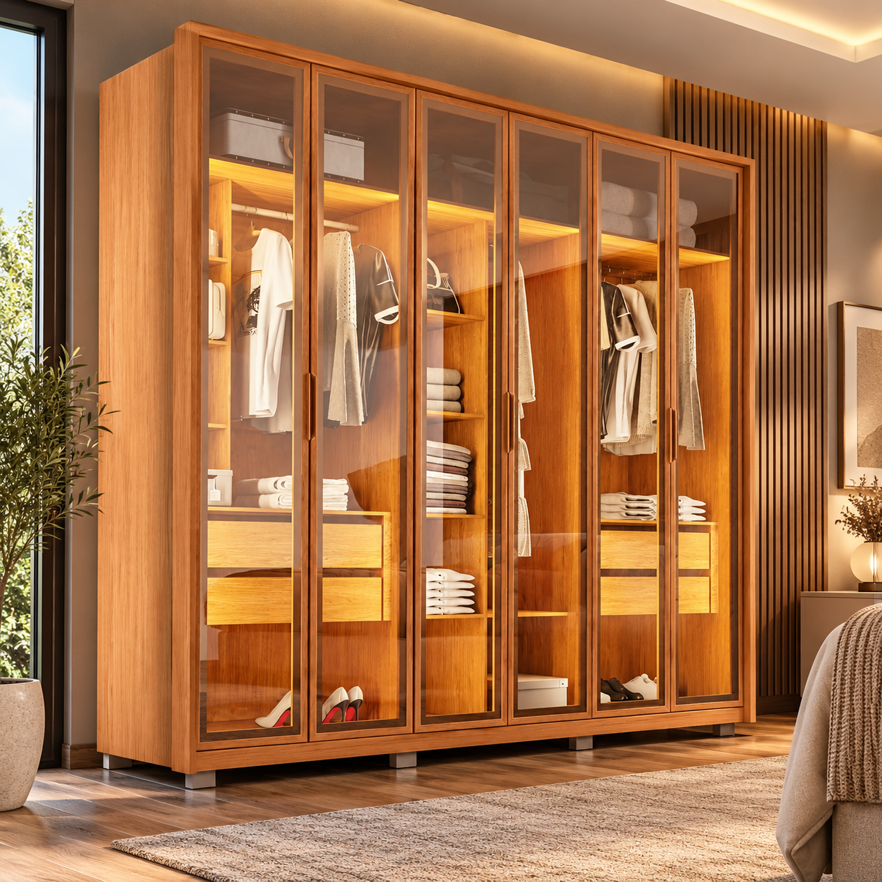 Guarda-Roupa Casal 100% MDF Com LED Reflex Inside Caemmun - FREIJO