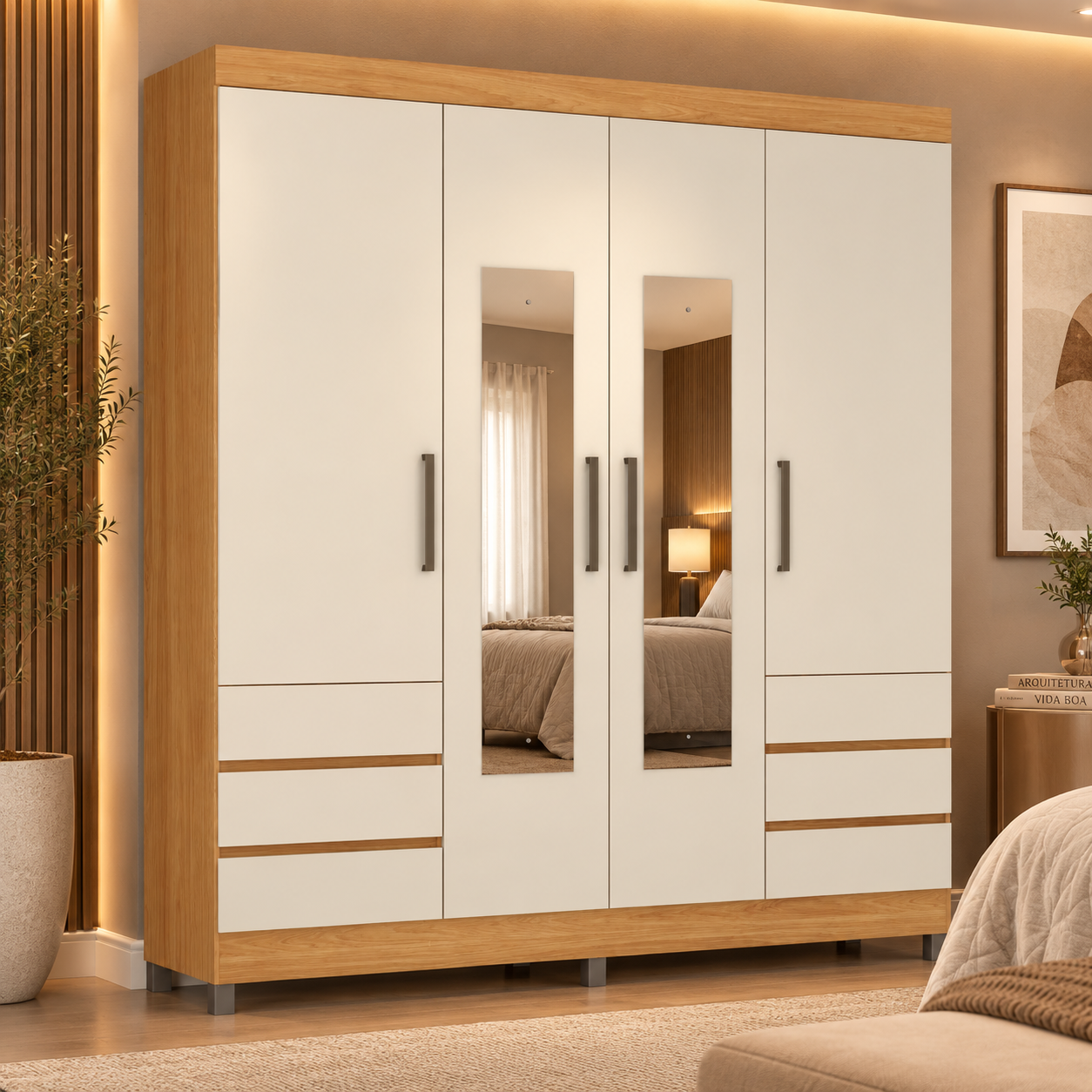Guarda-Roupa Casal Com Espelho 4 Portas 6 Gavetas Roma Demóbile - CINAMOMO / OFF WHITE