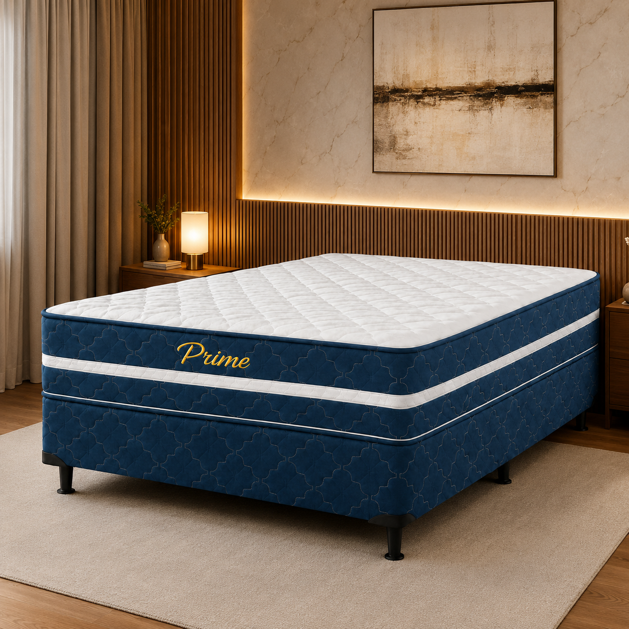 Conjunto Cama Box Casal Molas ensacadas 138x188cm Prime Bacetto - AZUL/BORDADA