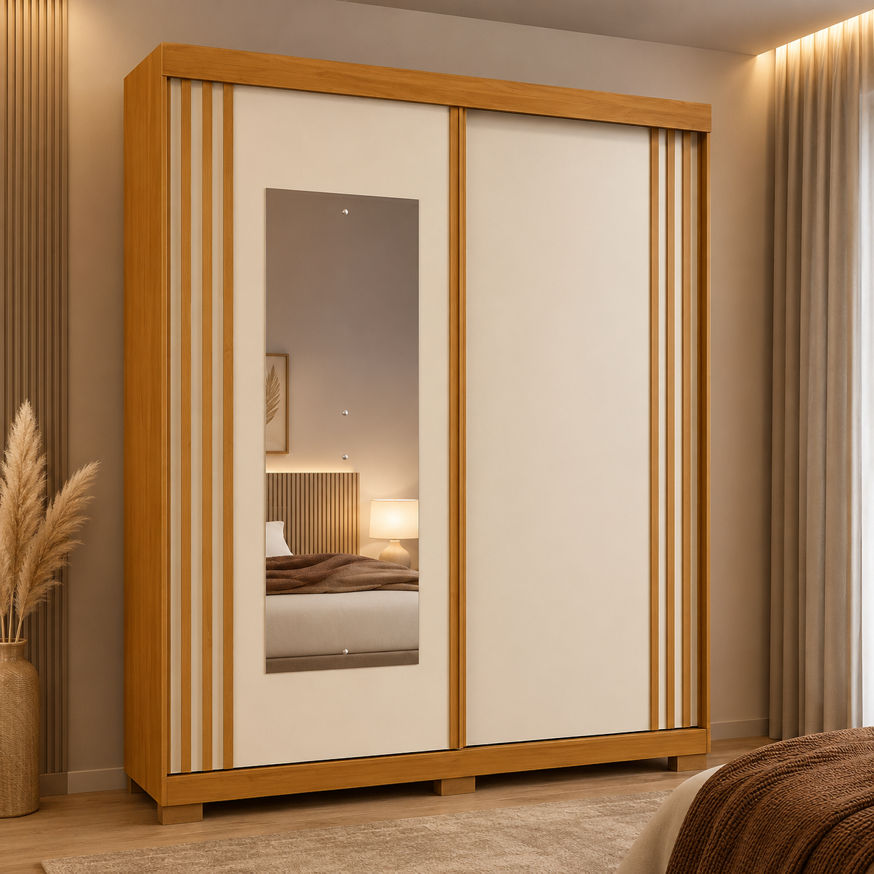 Guarda-Roupa Solteiro 100% MDF Com Espelho 2 Portas 3 Gavetas Athena ACP Móveis - CINAMOMO/OFF WHITE