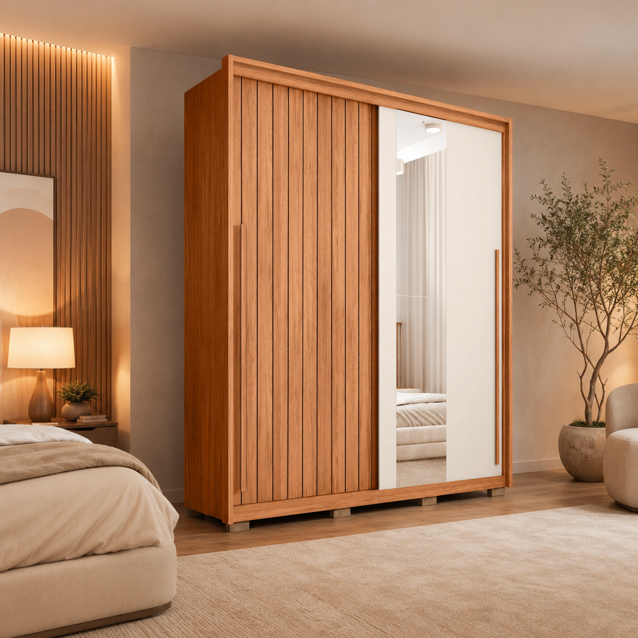 Guarda Roupa Solteiro Com Espelho 100% MDF 2 Portas 3 Gavetas 1.8 Moviment Caemmun - FREIJO/ OFF WHITE