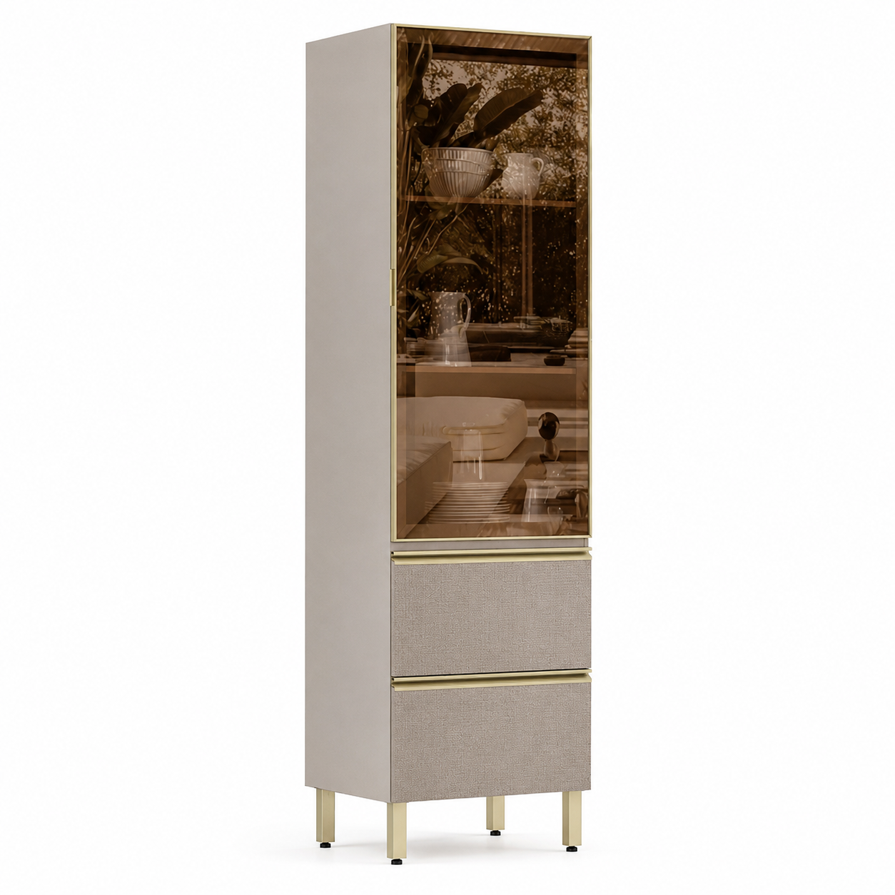 Cristaleira 60cm 1 Porta 2 Gavetas Proença Demóbile - NOGUEIRA/NUDE