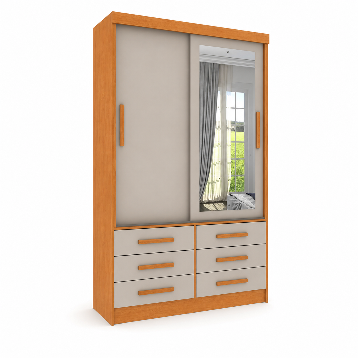 Guarda-Roupa Solteiro Buriti 2 Portas 6 Gavetas com Espelho Novo Horizonte - CUMA/FENDI