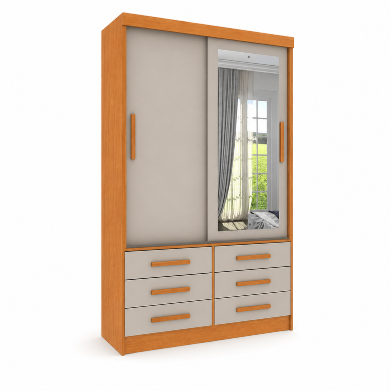 Guarda-Roupa Solteiro Buriti 2 Portas 6 Gavetas com Espelho Novo Horizonte