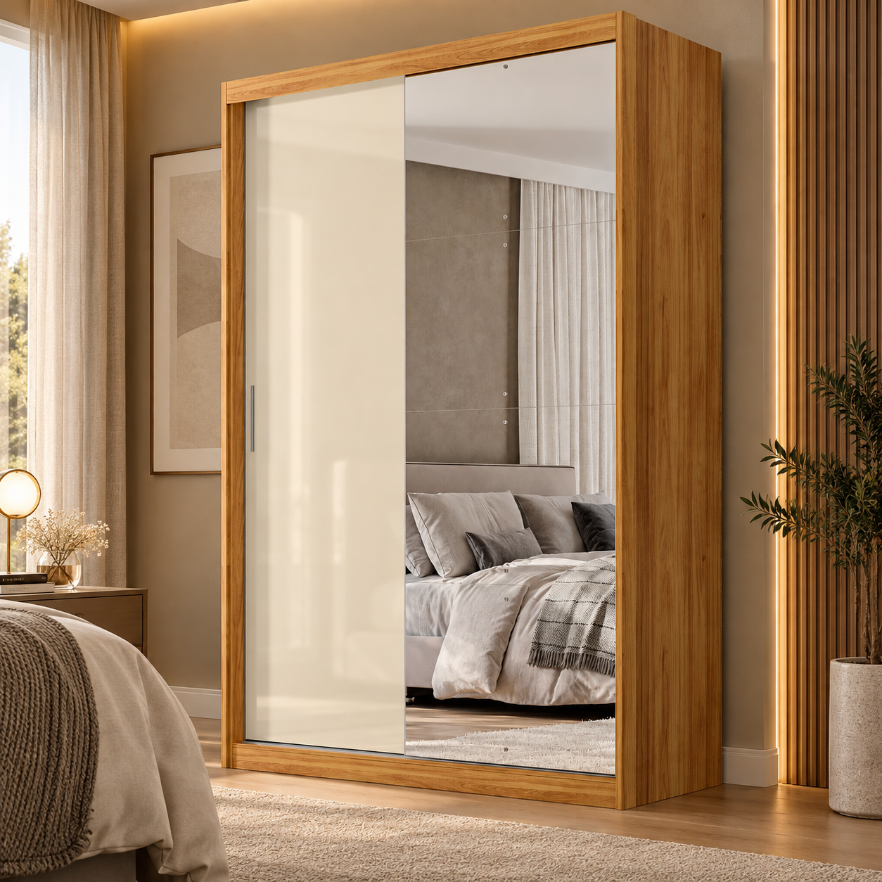 Guarda-Roupa Casal 100% MDF Com Espelho 2 Portas Riva Demóbile - CINAMOMO / OFF WHITE