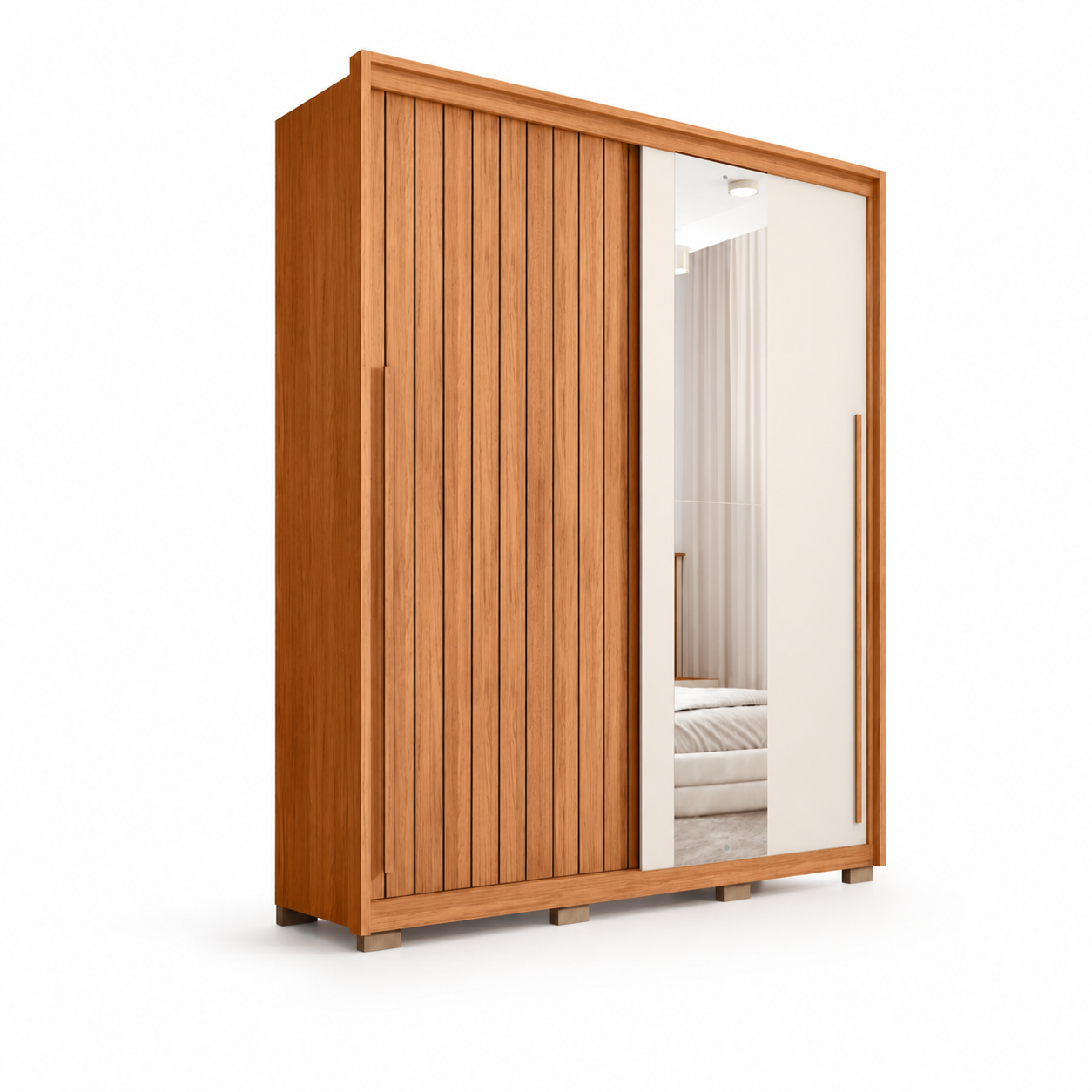 Guarda Roupa Solteiro Com Espelho 100% MDF 2 Portas 3 Gavetas 1.8 Moviment Caemmun - FREIJO/ OFF WHITE