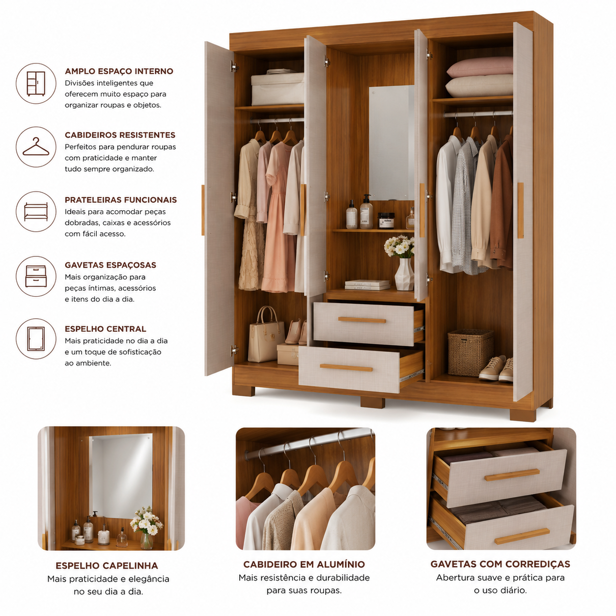 Guarda-Roupa Solteiro 4 Portas Com Espelho 2 Gavetas NT 6055 Notável