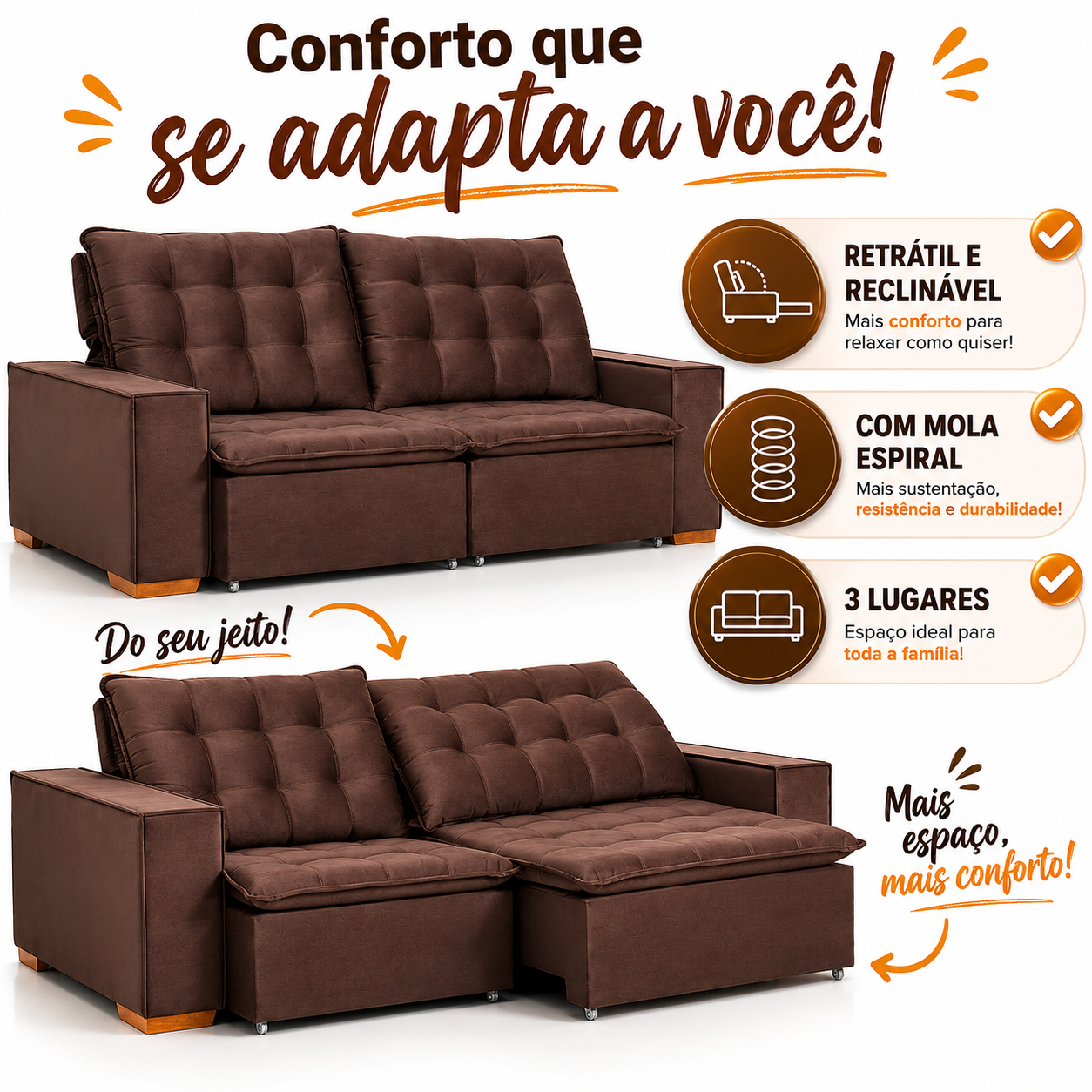Sofá Retrátil e Reclinável 3 Lugares Chicago Veludo  Marquês Estofados