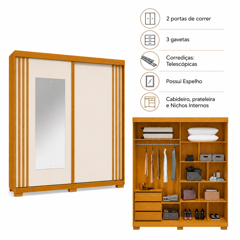 Guarda-Roupa Solteiro 100% MDF Com Espelho 2 Portas 3 Gavetas Athena ACP Móveis