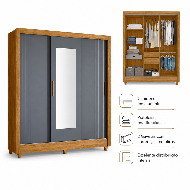 Guarda-Roupa Casal Com Espelho 3 Portas 2 Gavetas Bolívia Moval